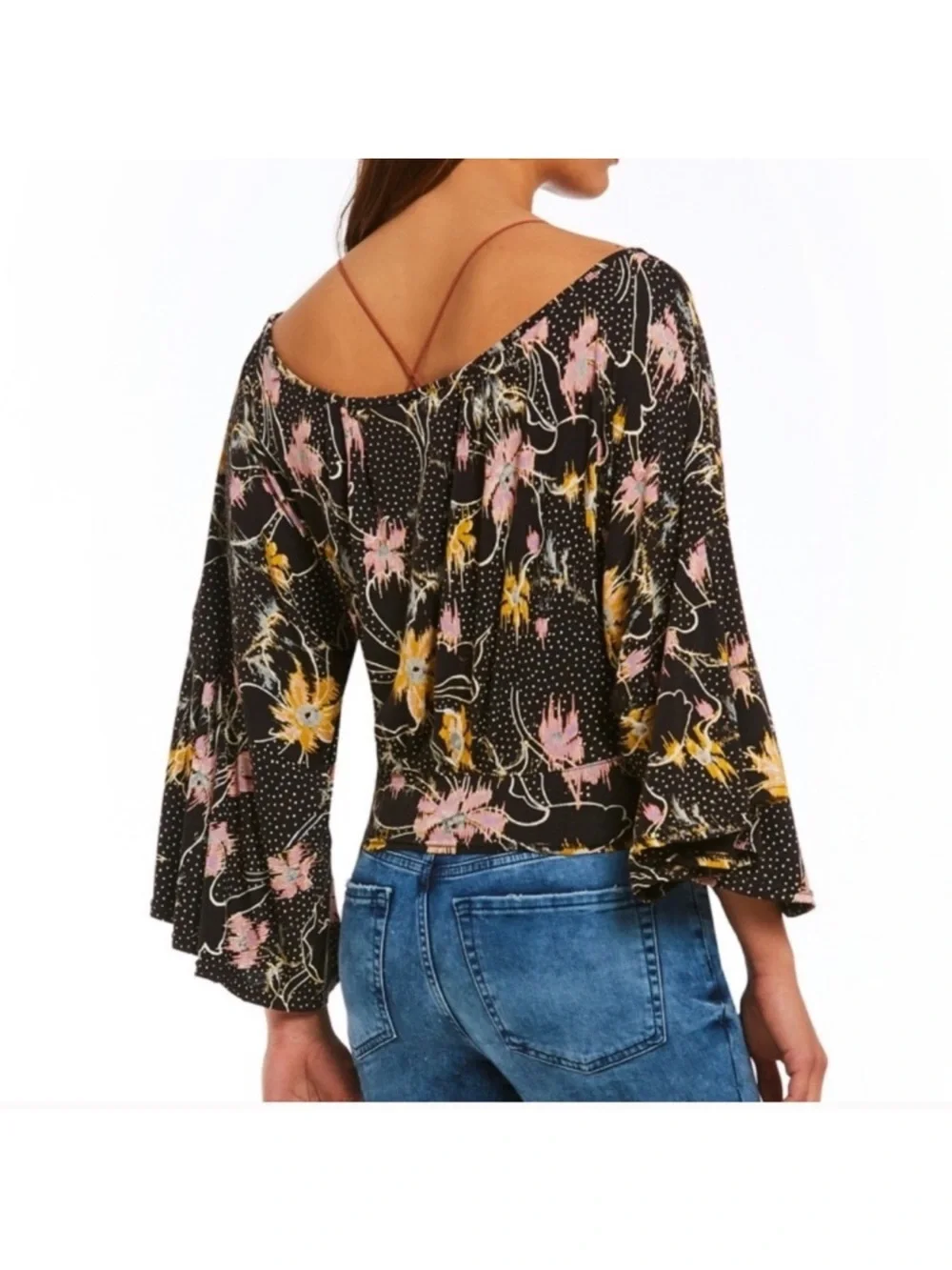 Free People Black Floral Keyhole Bell Sleeve Top with Pink & Yellow Accents